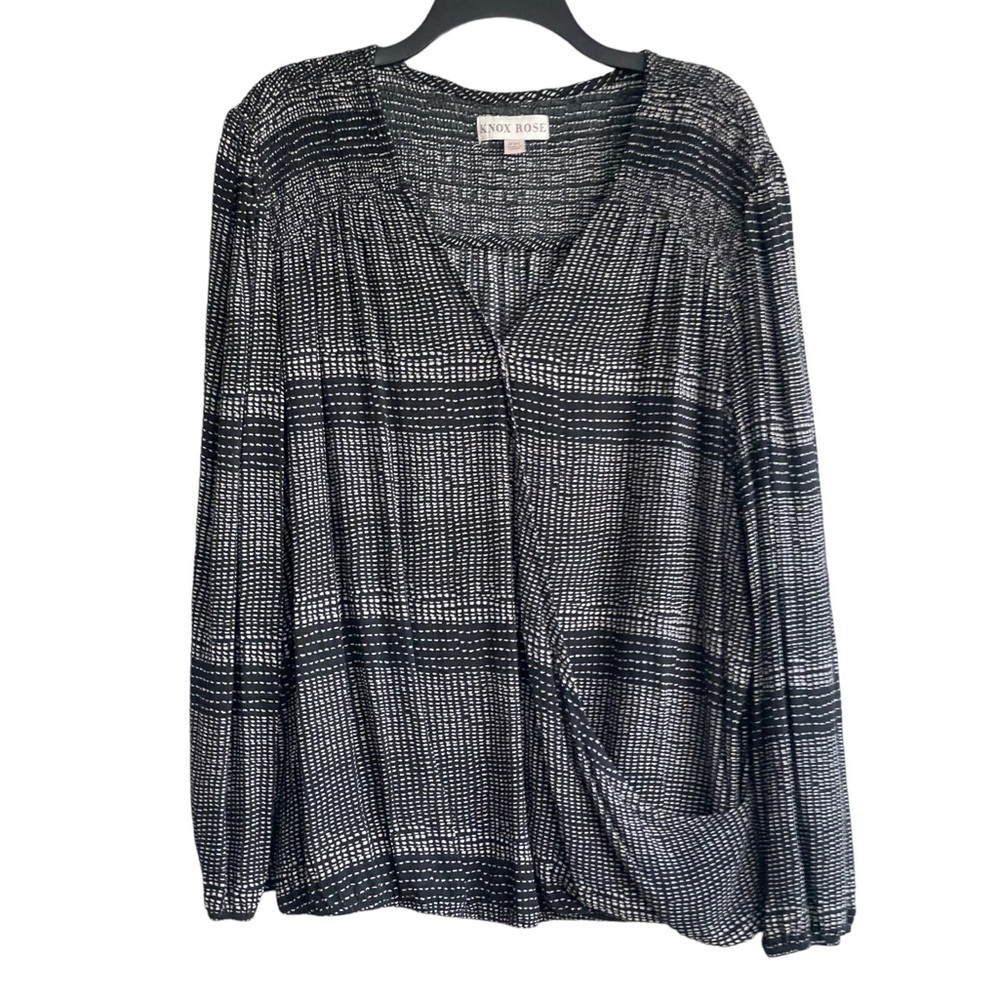 Knox Rose Smocked Wrap Blouse Long Sleeve Black Size XXL